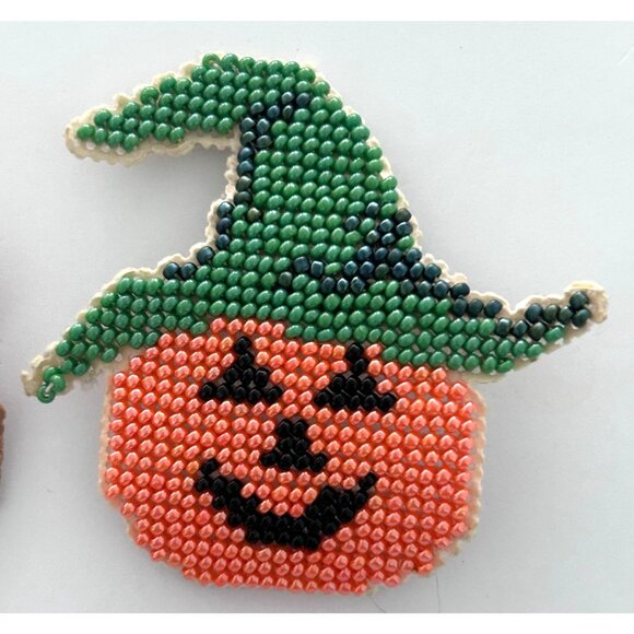 Vintage Handmade Halloween Beaded Seed Bead Sewing Ghost Pumpkin Brooch Pins Pin - Picture 3 of 5